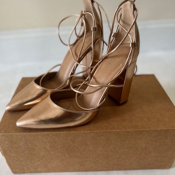 ASOS DESIGN Power Trip Tie Leg High Block Heels in Rose Gold Size 7/7.5/8 - Picture 8 of 8